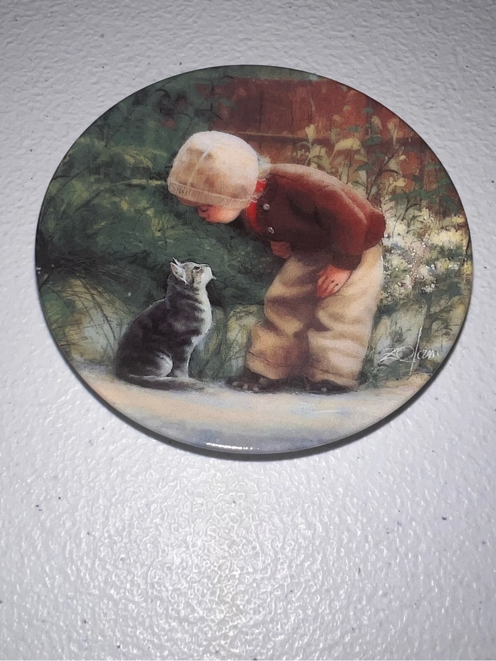 Vintage Style Boy and Cat Round Wall Art - Brown & Cream